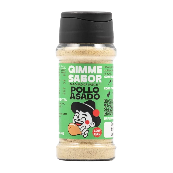 Sazonador vegetal sabor Pollo Asado Gimme Sabor en envase PET reciclado, sin gluten ni alérgenos.