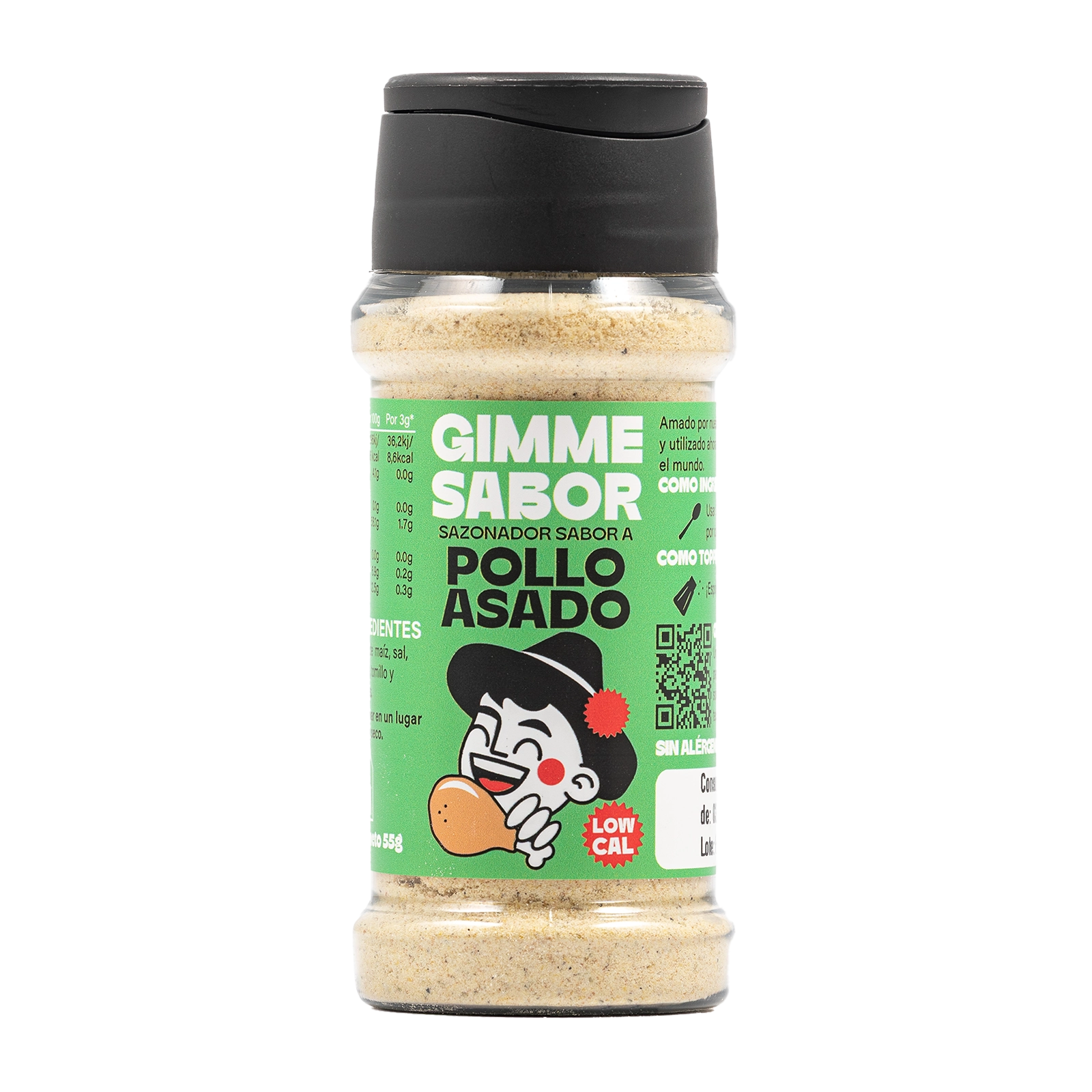 Sazonador vegetal sabor Pollo Asado Gimme Sabor en envase PET reciclado, sin gluten ni alérgenos.