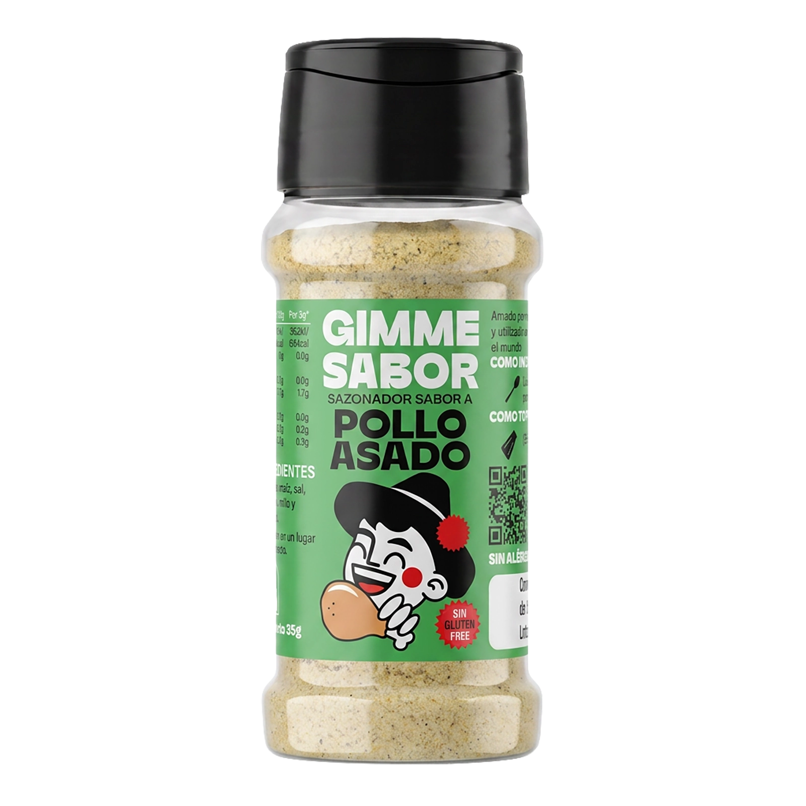 Sazonador vegetal sabor Pollo Asado Gimme Sabor en envase PET reciclado, sin gluten ni alérgenos.